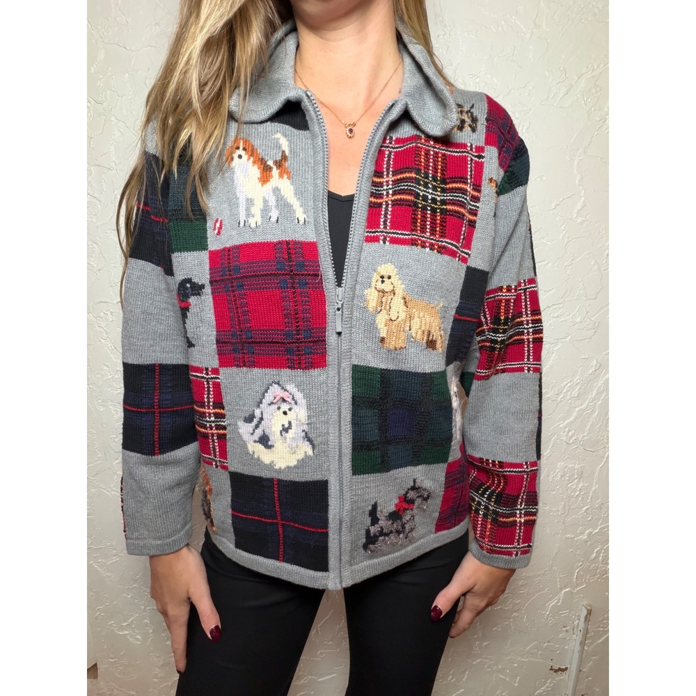 Claire Murray Vintage Dog Patchwork Plaid Zip Up Cardigan Sweater Gray Large